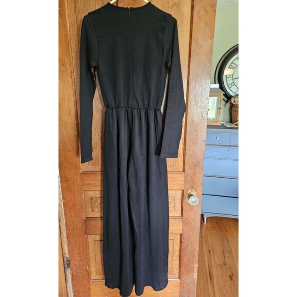 OQQ Jumpsuit Women L Black Ribbed Knit Long Sleeve Wide Leg One Piece Excellent - Picture 2 of 6